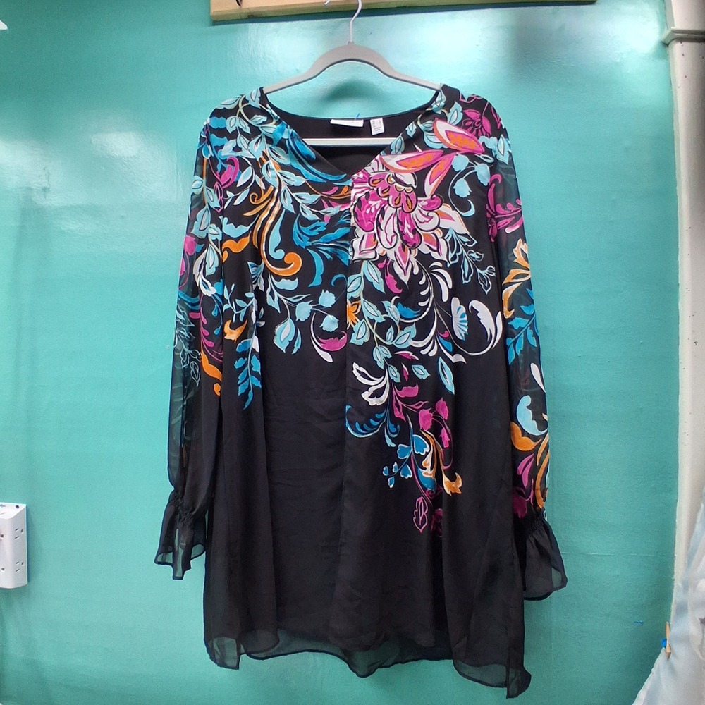 Susan Graver Tunic Top M Black Floral Chiffon Ruffle Sleeve Boho Whimsigoth